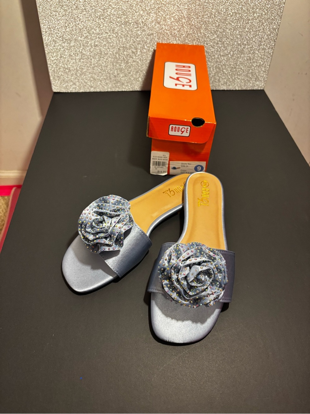 BRAND NEW! Dusty Blue Satin Bedazzled Sandals🩵 cute & comfortable for summer!